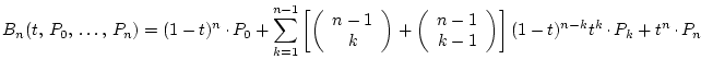 $\displaystyle
B_n(t, P_0, \dots, P_n)=
(1-t)^n\raisebox{.5ex}{ . }P_0
+...
...\right] (1-t)^{n-k}t^k\raisebox{.5ex}{ . }P_k
+t^n\raisebox{.5ex}{ . }P_n
$